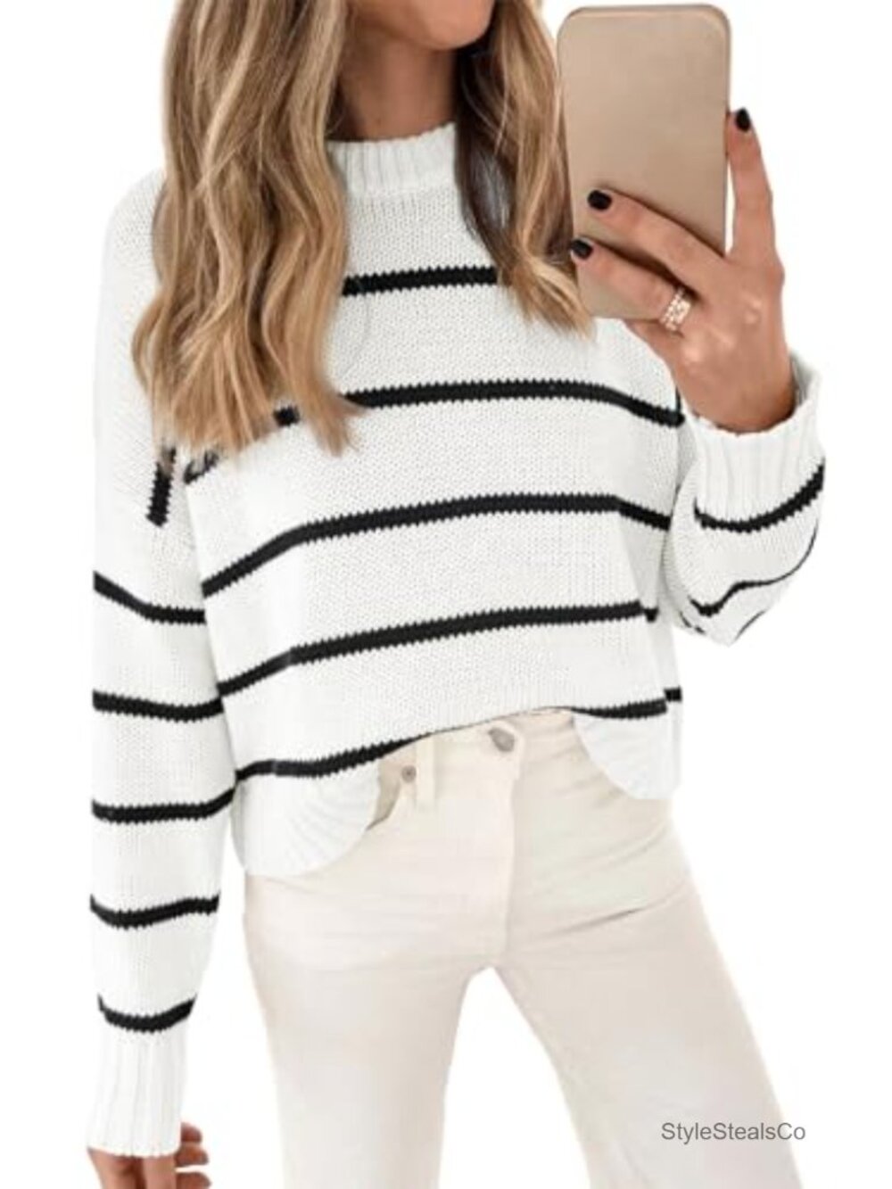 Womens Cropped Striped Cotton Pullover Sweater Crew Neck Fitted
